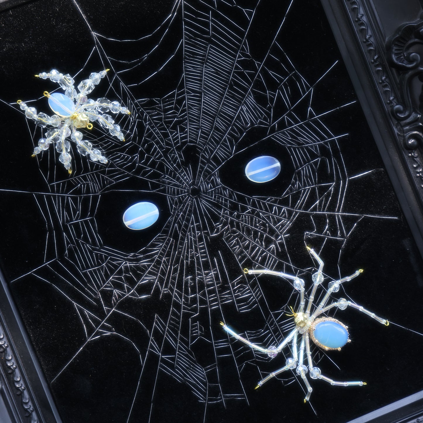 10 Inches Opal Spider Eyes — Handmade Embroidered Spider Decorative Painting | Handmade Beaded Spider Embroidery, Opal Spider (Framed)
