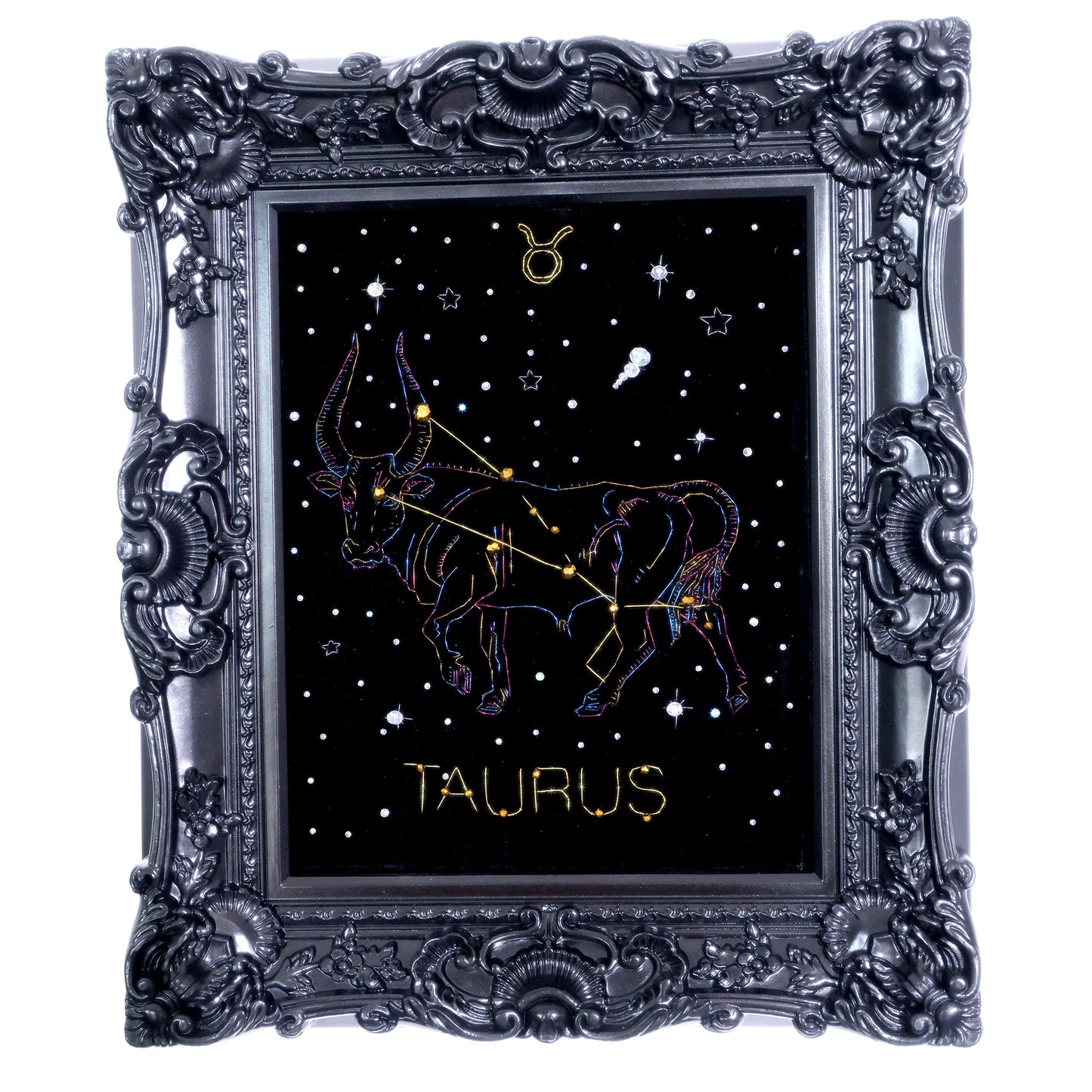 10 Inches  Hand-stitched Taurus constellation embroidery on black velvet with metallic thread and rhinestone accents, set in an ornate matte-black resin frame — ready to hang.