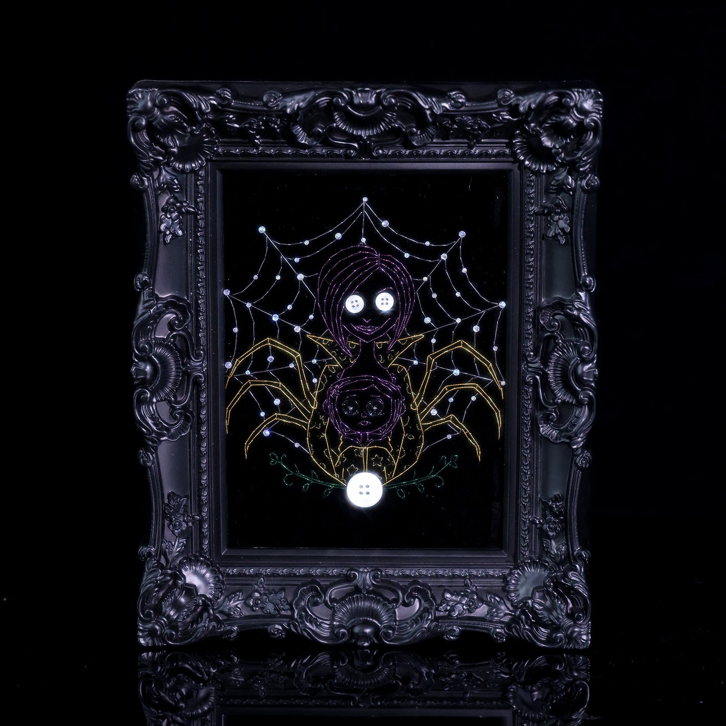 8 inches Hand-stitched velvet embroidery with button and rhinestone accents, ready to hang in gothic, eclectic, or Halloween-inspired décor