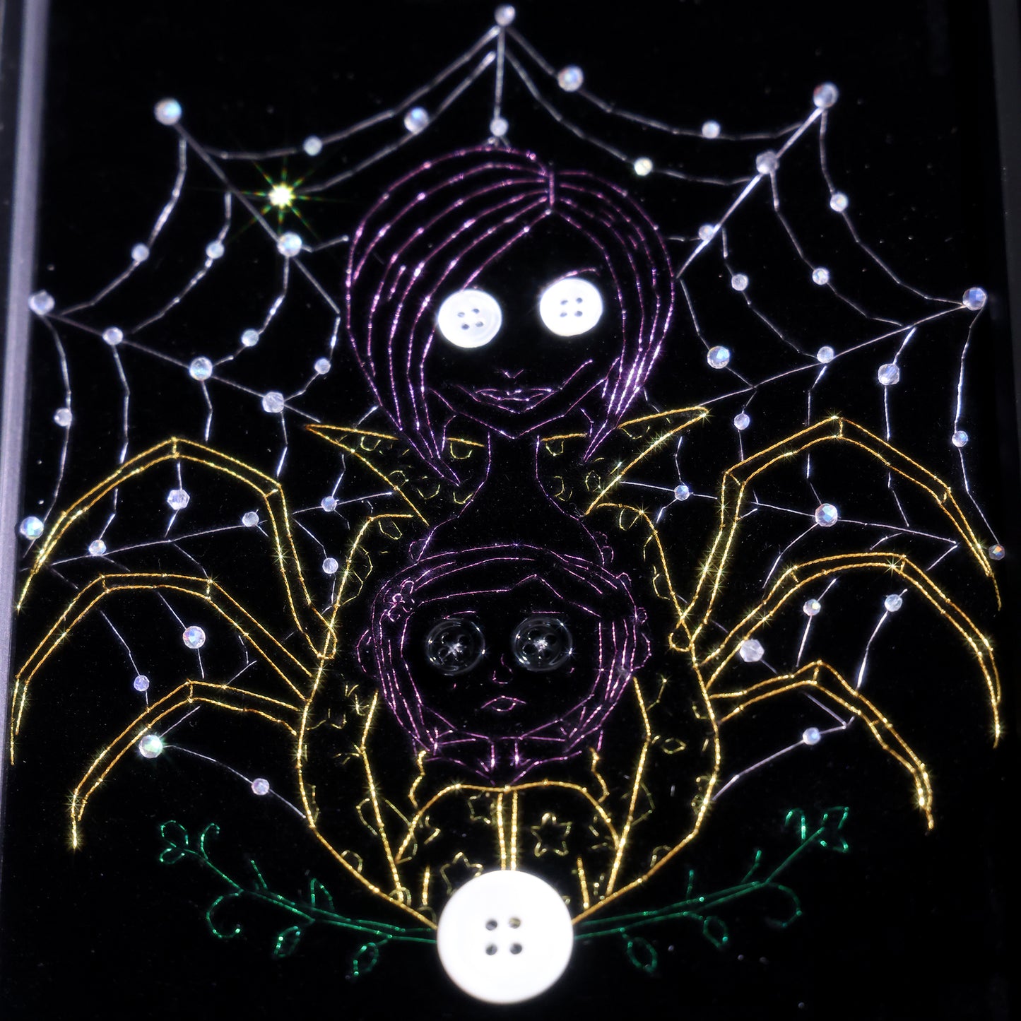 8 inches Hand-stitched velvet embroidery with button and rhinestone accents, ready to hang in gothic, eclectic, or Halloween-inspired décor