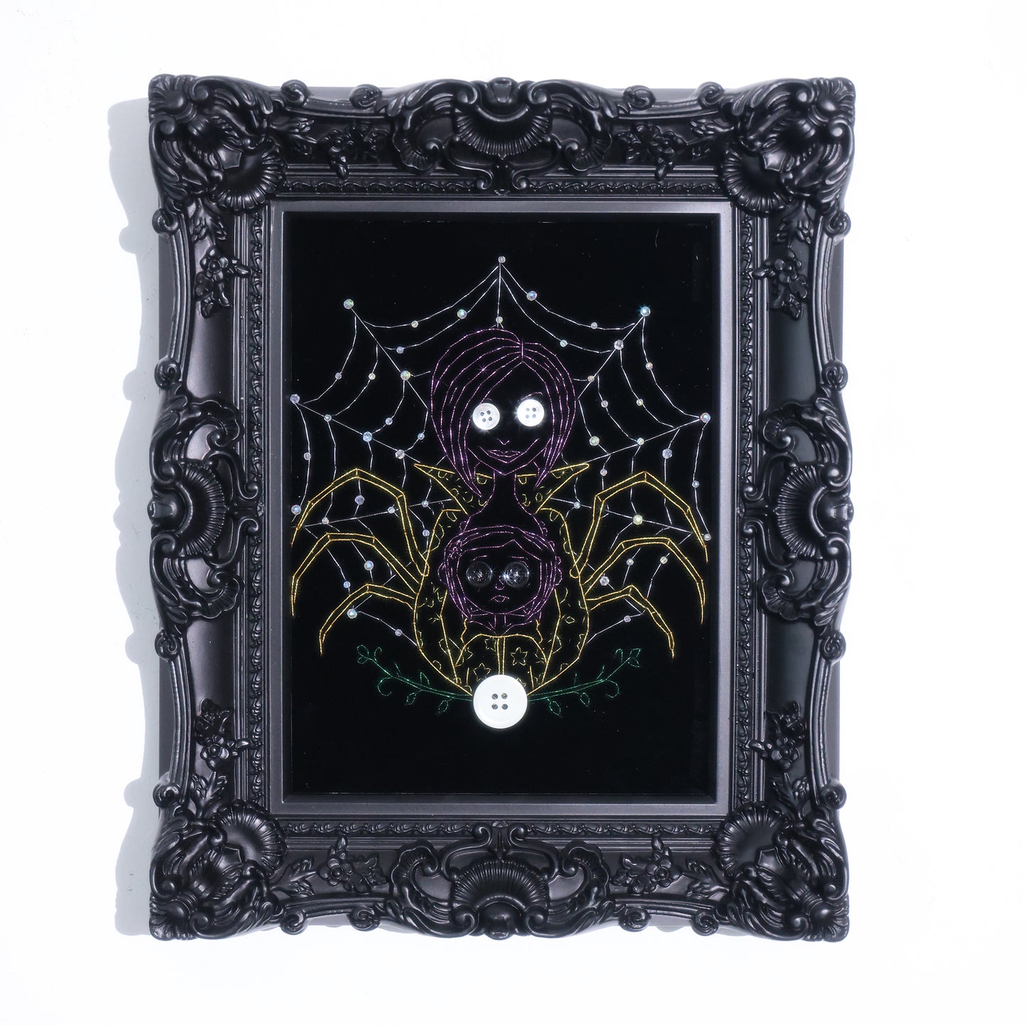 8 inches Hand-stitched velvet embroidery with button and rhinestone accents, ready to hang in gothic, eclectic, or Halloween-inspired décor