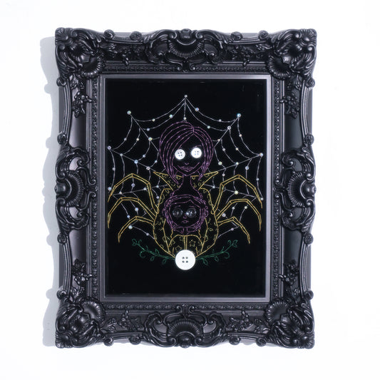 8 inches Hand-stitched velvet embroidery with button and rhinestone accents, ready to hang in gothic, eclectic, or Halloween-inspired décor