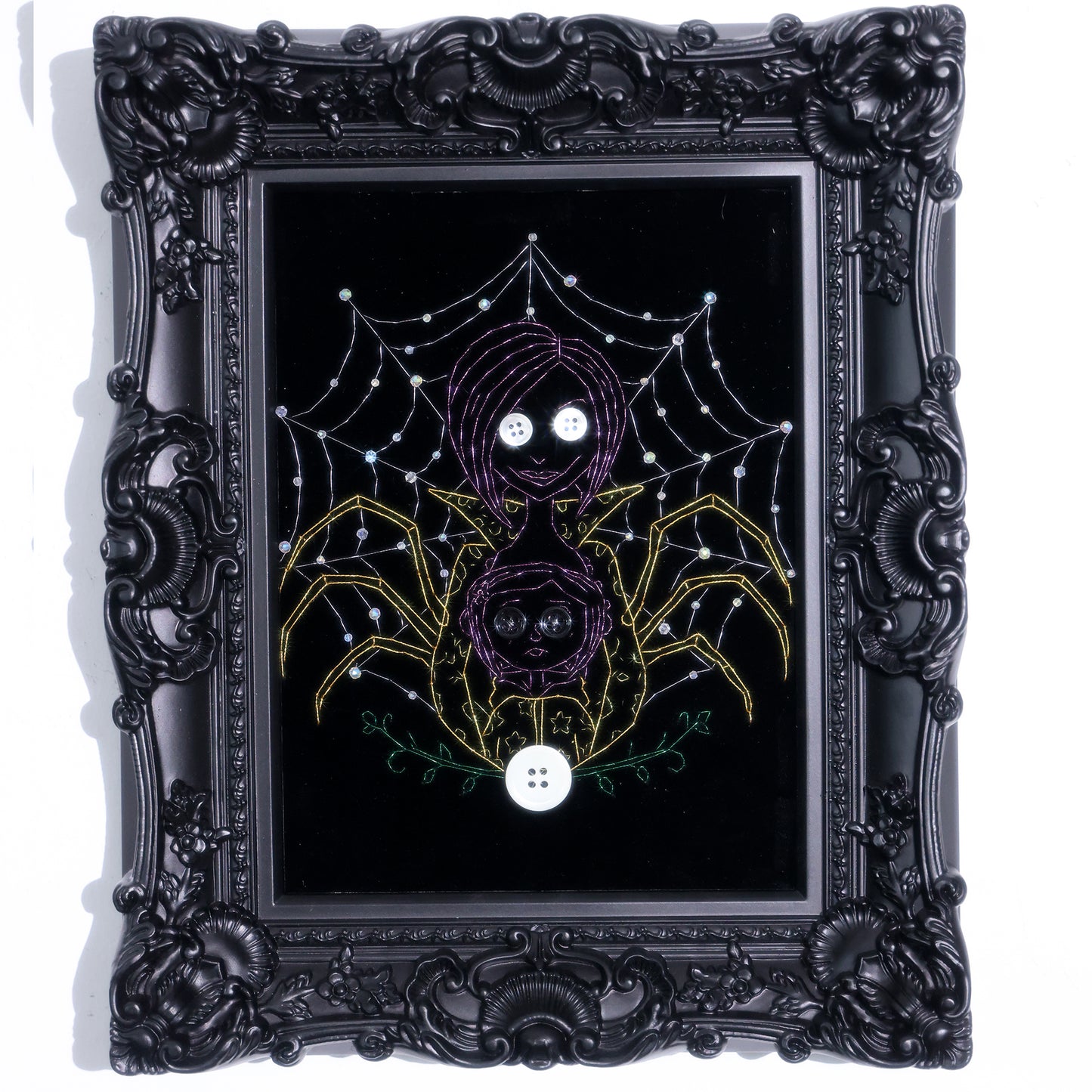 8 inches Hand-stitched velvet embroidery with button and rhinestone accents, ready to hang in gothic, eclectic, or Halloween-inspired décor