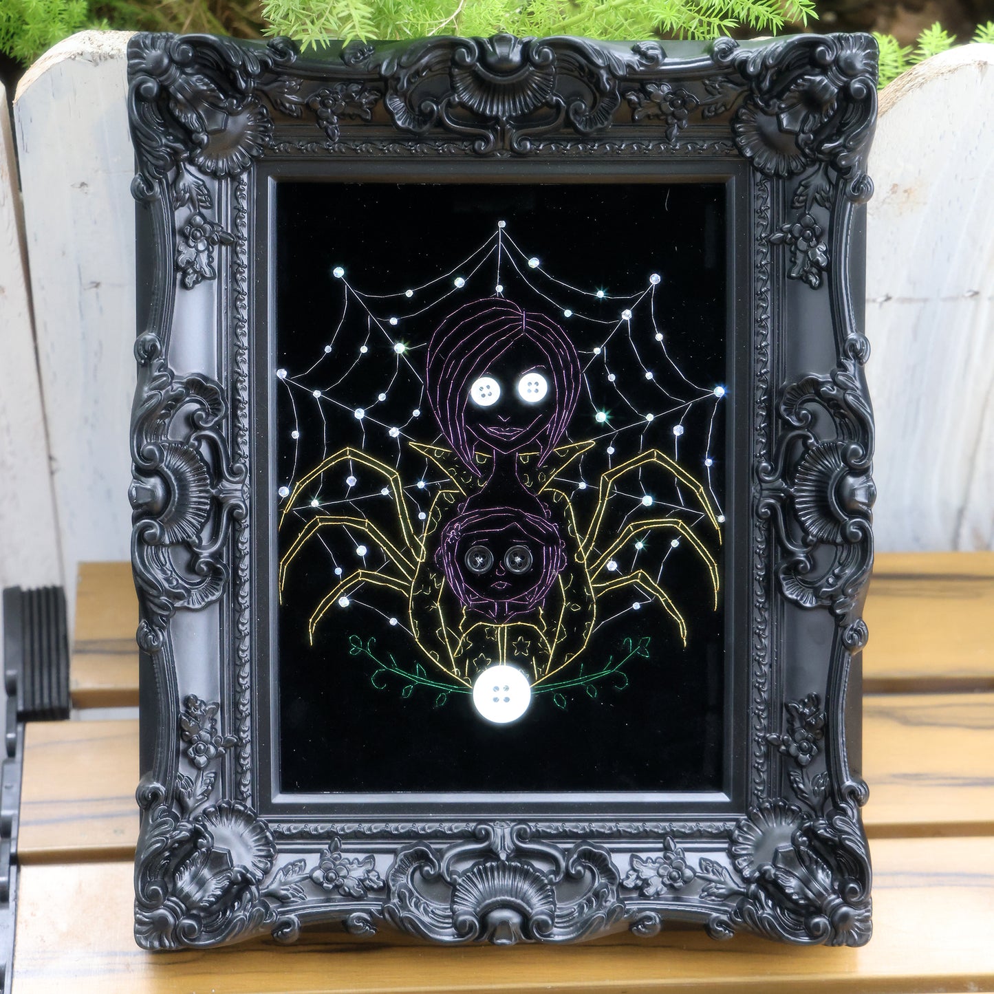 8 inches Hand-stitched velvet embroidery with button and rhinestone accents, ready to hang in gothic, eclectic, or Halloween-inspired décor