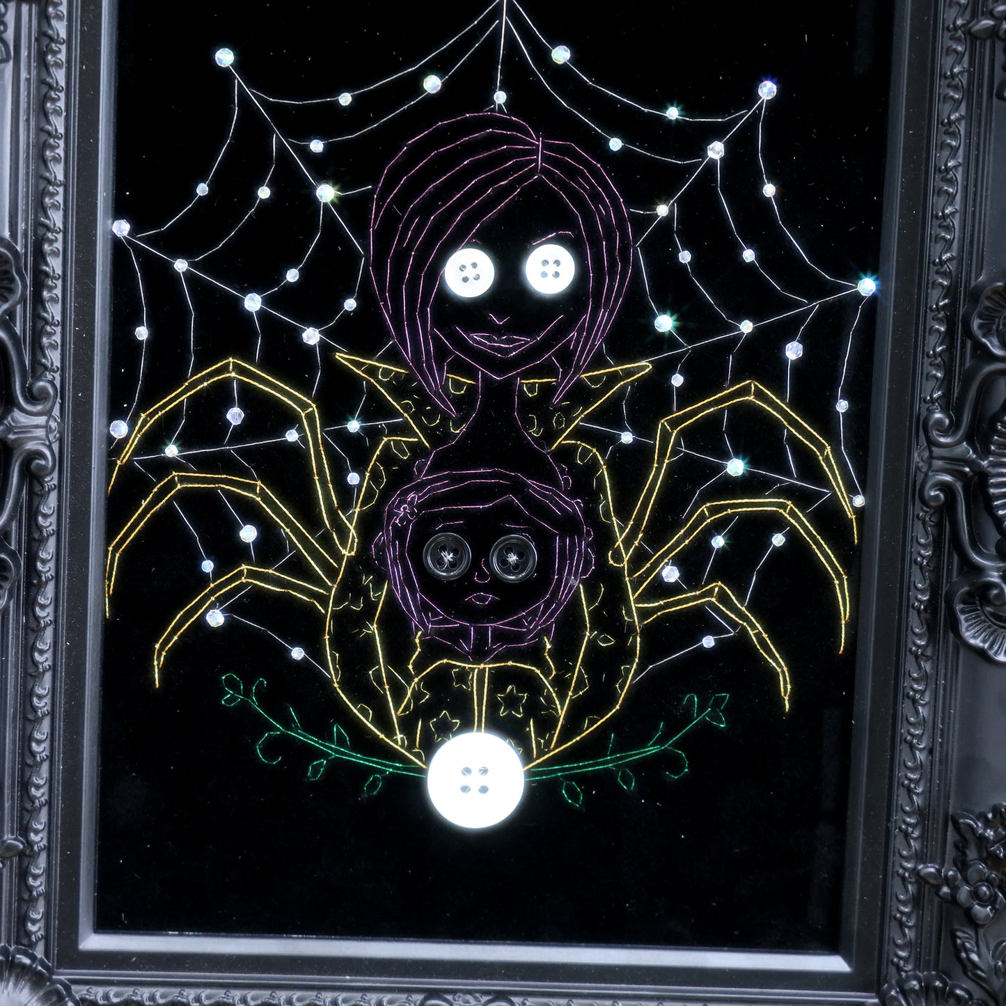 8 inches Hand-stitched velvet embroidery with button and rhinestone accents, ready to hang in gothic, eclectic, or Halloween-inspired décor