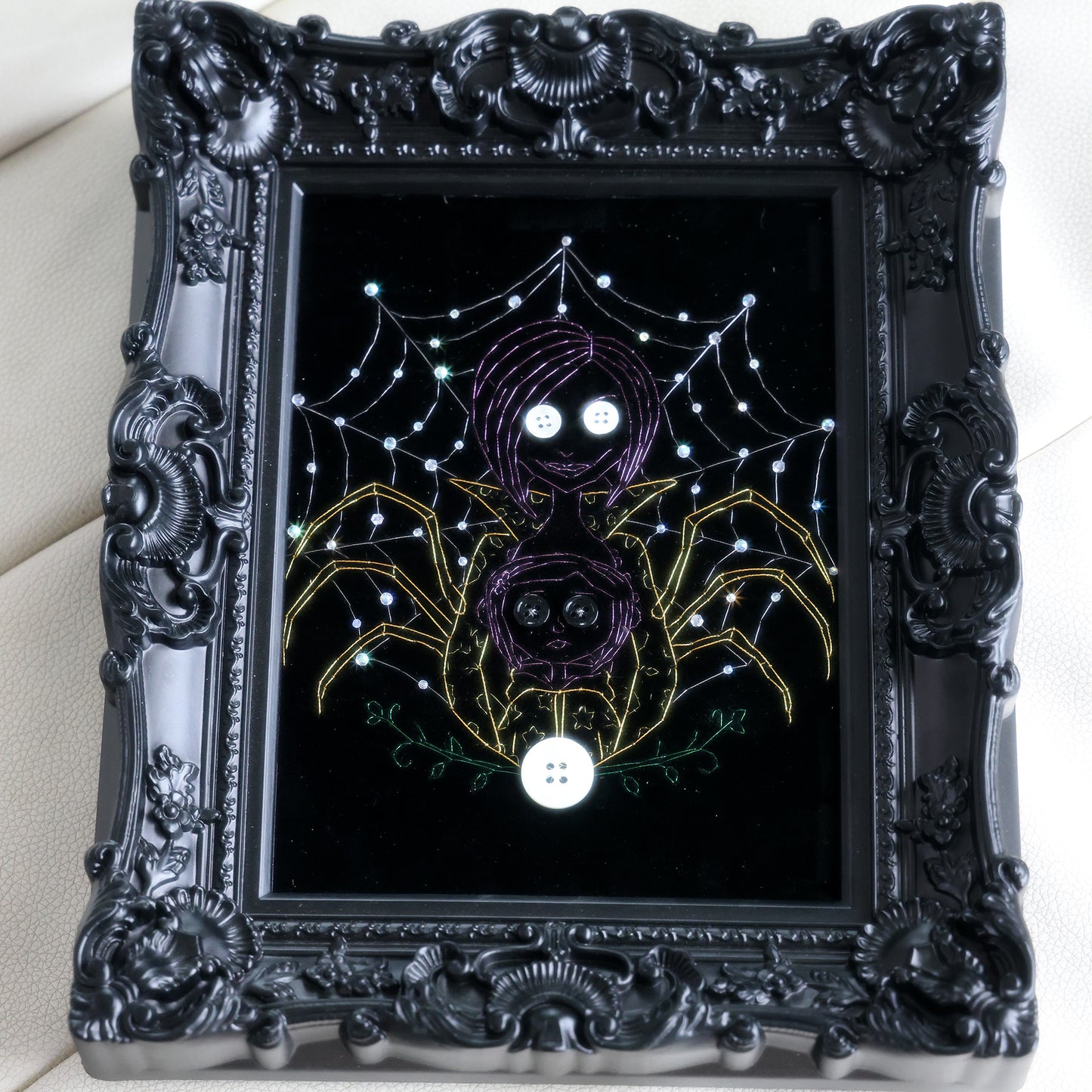 8 inches Hand-stitched velvet embroidery with button and rhinestone accents, ready to hang in gothic, eclectic, or Halloween-inspired décor