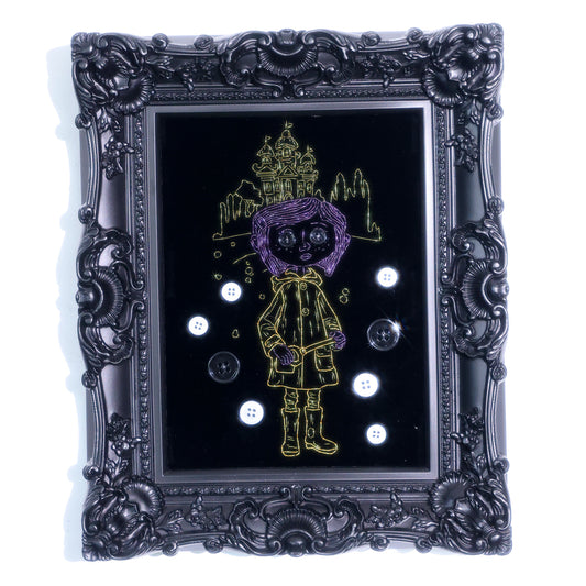 8 inches Handmade Coraline-inspired embroidered wall art on black velvet with metallic thread, buttons, and rhinestone accents in a matte ornate black frame — intentionally unglazed to showcase texture. Contains handmade embroidered decorative paintings.