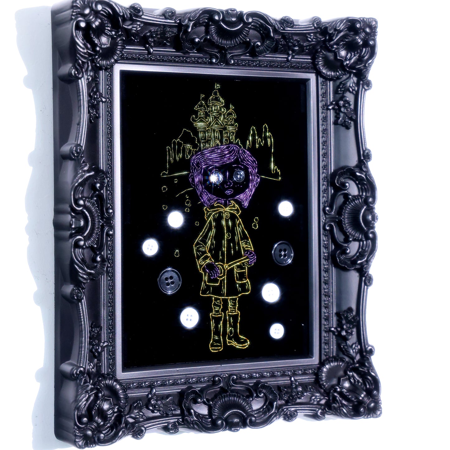 8 inches Handmade Coraline-inspired embroidered wall art on black velvet with metallic thread, buttons, and rhinestone accents in a matte ornate black frame — intentionally unglazed to showcase texture. Contains handmade embroidered decorative paintings.