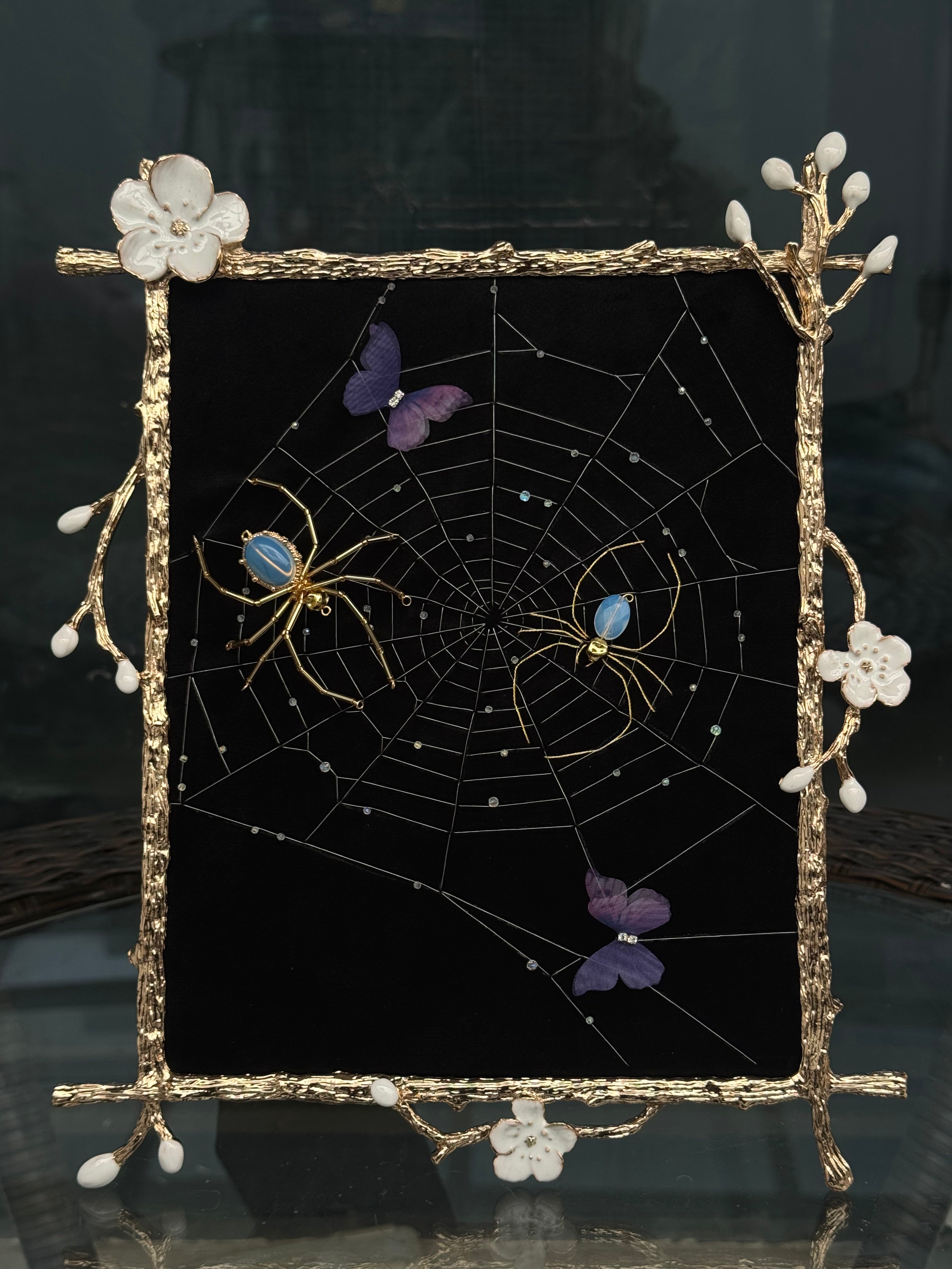 Opal Spider Embroidered Wall Hanging – Handmade Spider Web Decor – Gothic Home Accent – Unique Embroidery Gift – Creepy Wall Decor