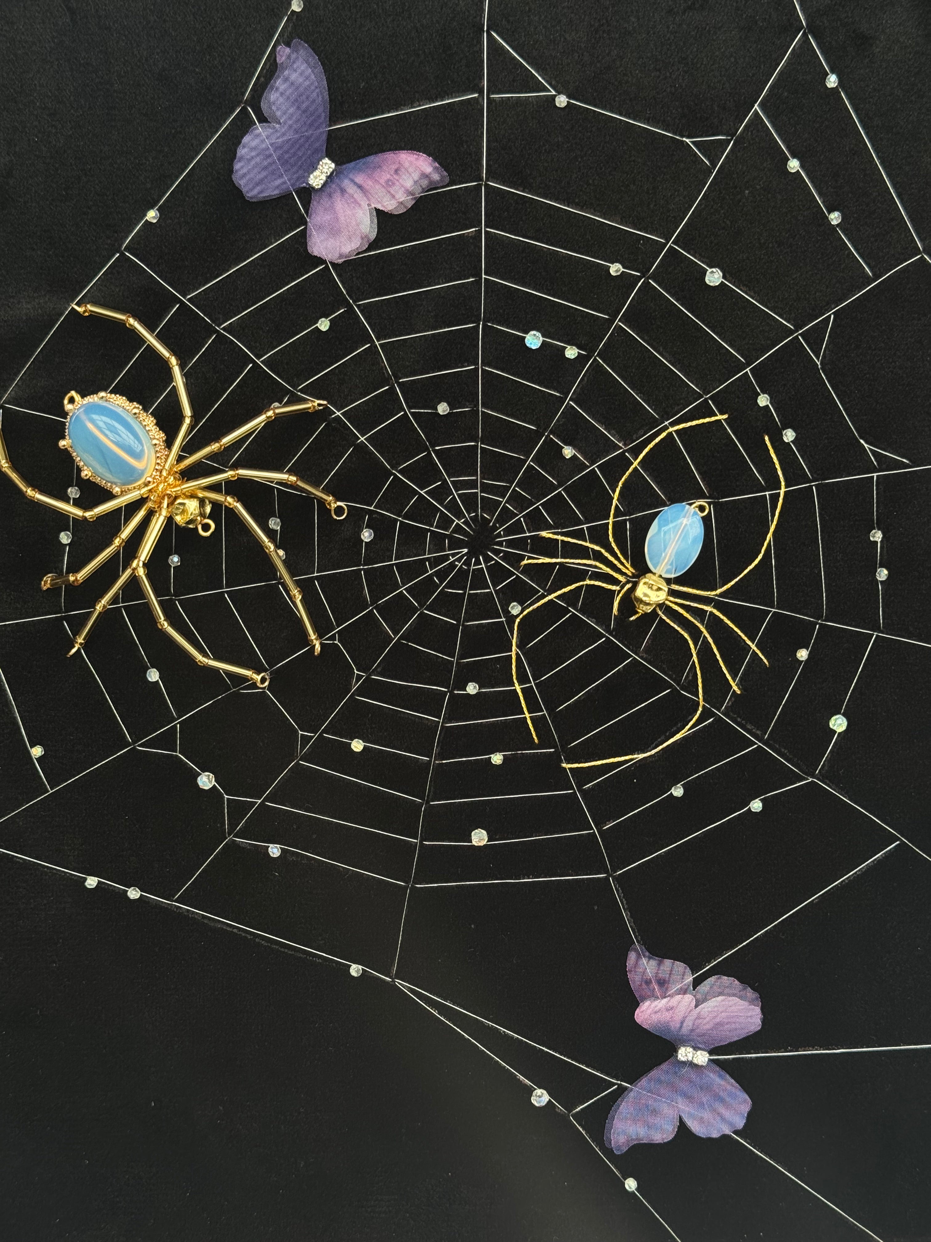 Opal Spider Embroidered Wall Hanging – Handmade Spider Web Decor – Gothic Home Accent – Unique Embroidery Gift – Creepy Wall Decor