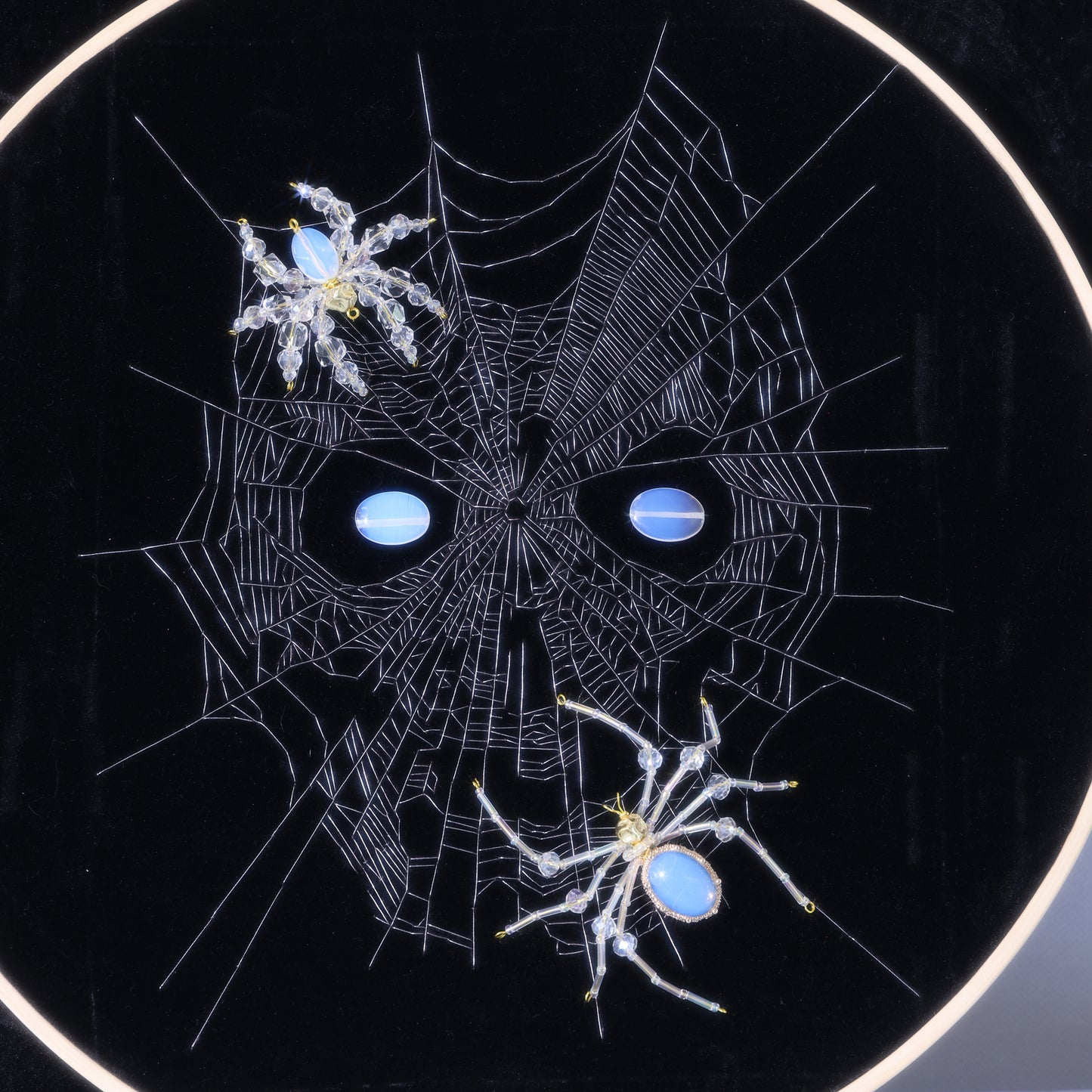 10 Inches Opal Spider Eyes — Handmade Embroidered Spider Decorative Painting | Handmade Beaded Spider Embroidery, Opal Spider (Framed)
