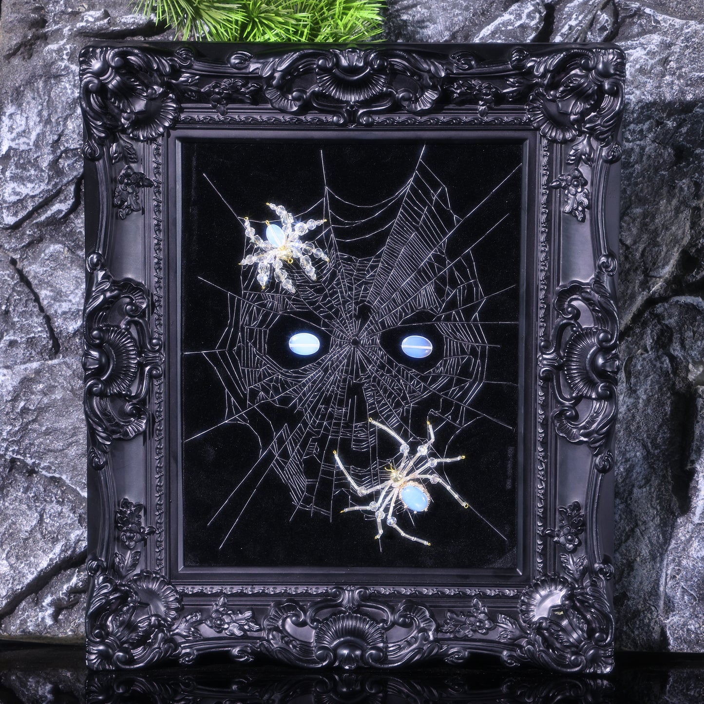 10 Inches Opal Spider Eyes — Handmade Embroidered Spider Decorative Painting | Handmade Beaded Spider Embroidery, Opal Spider (Framed)