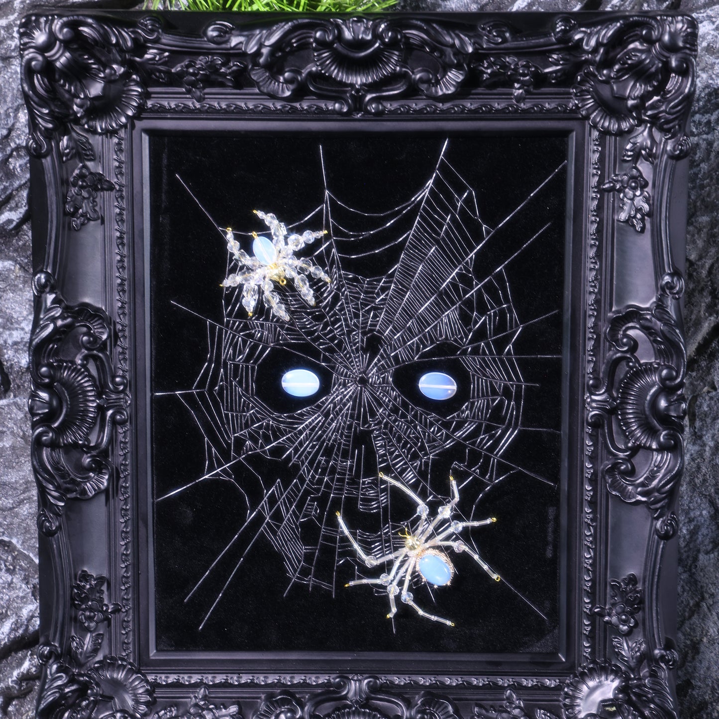 10 Inches Opal Spider Eyes — Handmade Embroidered Spider Decorative Painting | Handmade Beaded Spider Embroidery, Opal Spider (Framed)