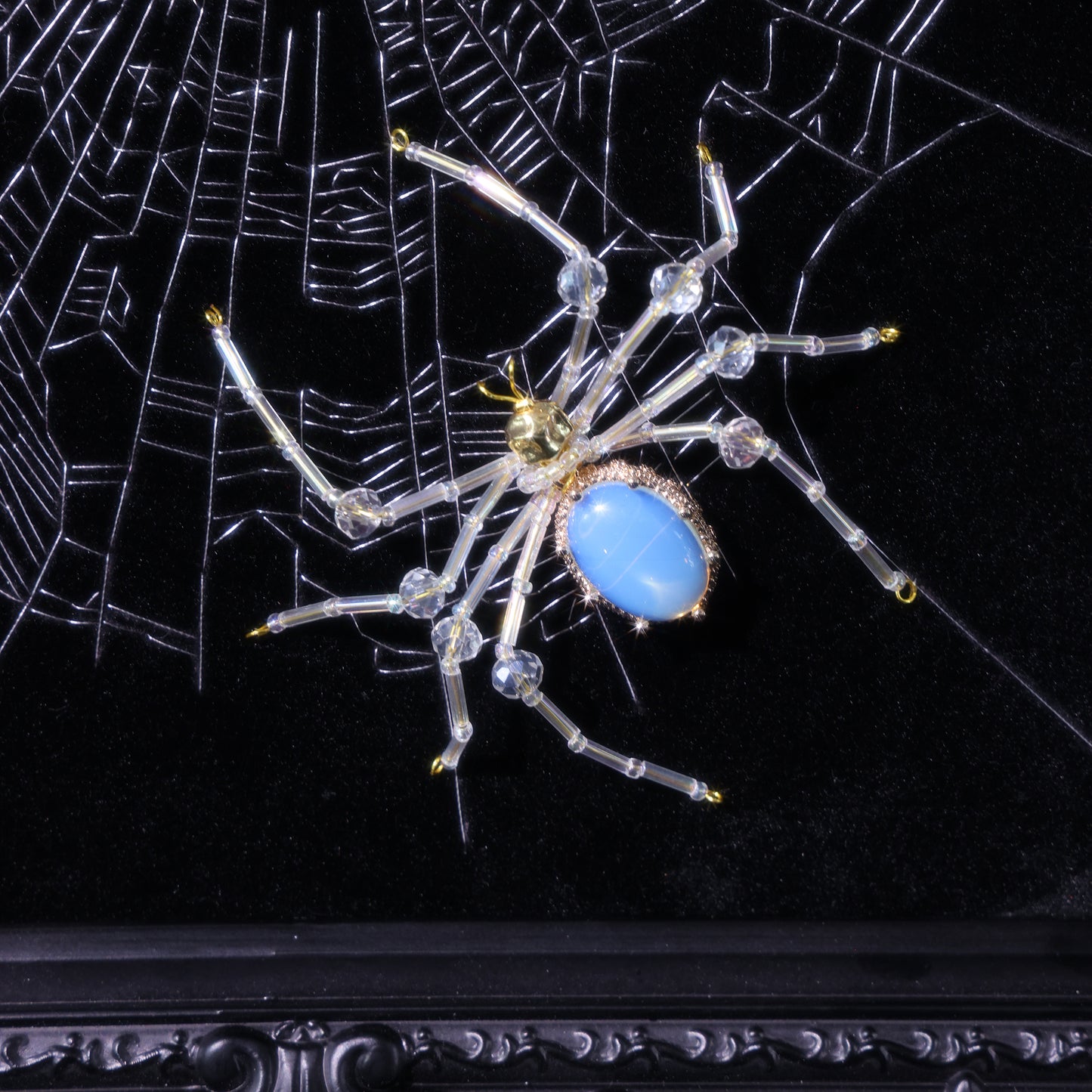 10 Inches Opal Spider Eyes — Handmade Embroidered Spider Decorative Painting | Handmade Beaded Spider Embroidery, Opal Spider (Framed)