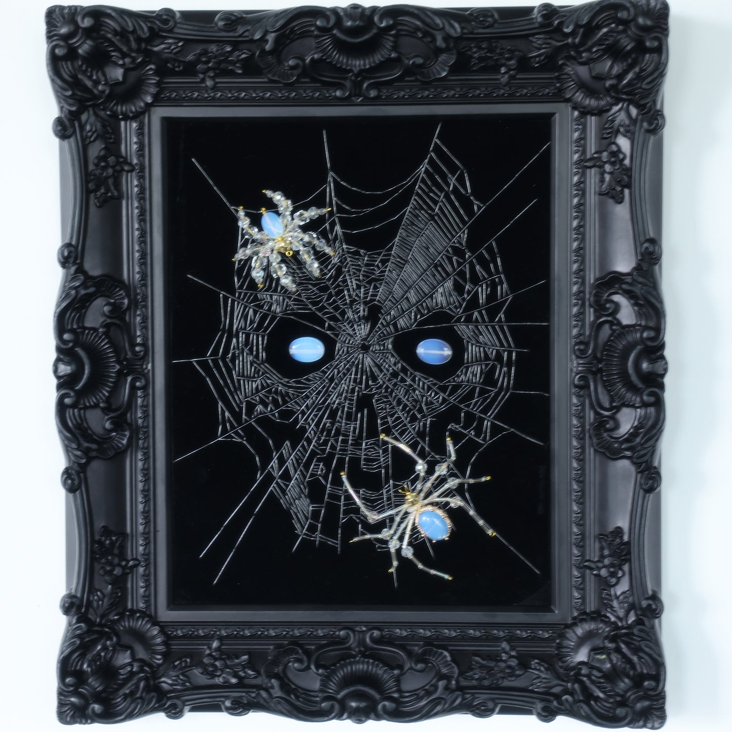 10 Inches Opal Spider Eyes — Handmade Embroidered Spider Decorative Painting | Handmade Beaded Spider Embroidery, Opal Spider (Framed)