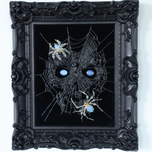 10 Inches Opal Spider Eyes — Handmade Embroidered Spider Decorative Painting | Handmade Beaded Spider Embroidery, Opal Spider (Framed)
