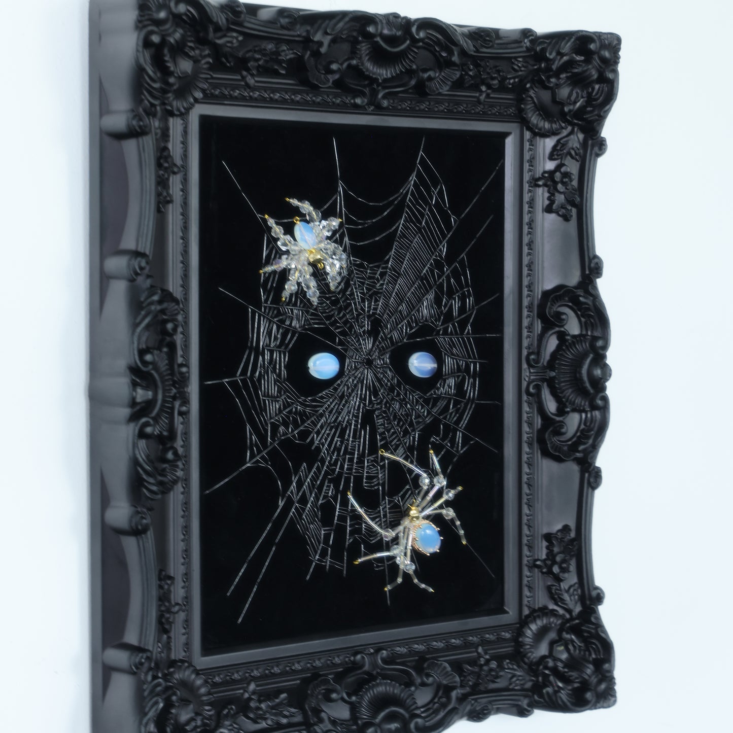 10 Inches Opal Spider Eyes — Handmade Embroidered Spider Decorative Painting | Handmade Beaded Spider Embroidery, Opal Spider (Framed)
