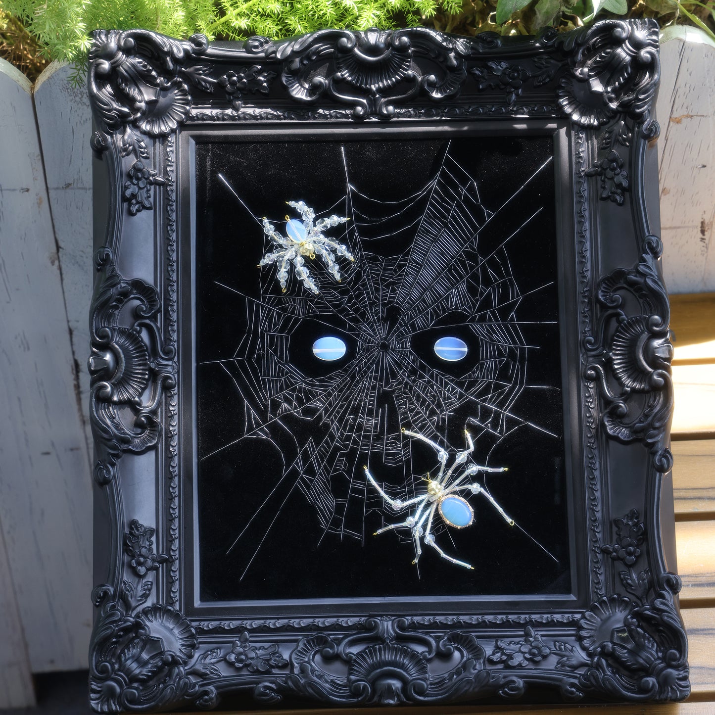 10 Inches Opal Spider Eyes — Handmade Embroidered Spider Decorative Painting | Handmade Beaded Spider Embroidery, Opal Spider (Framed)