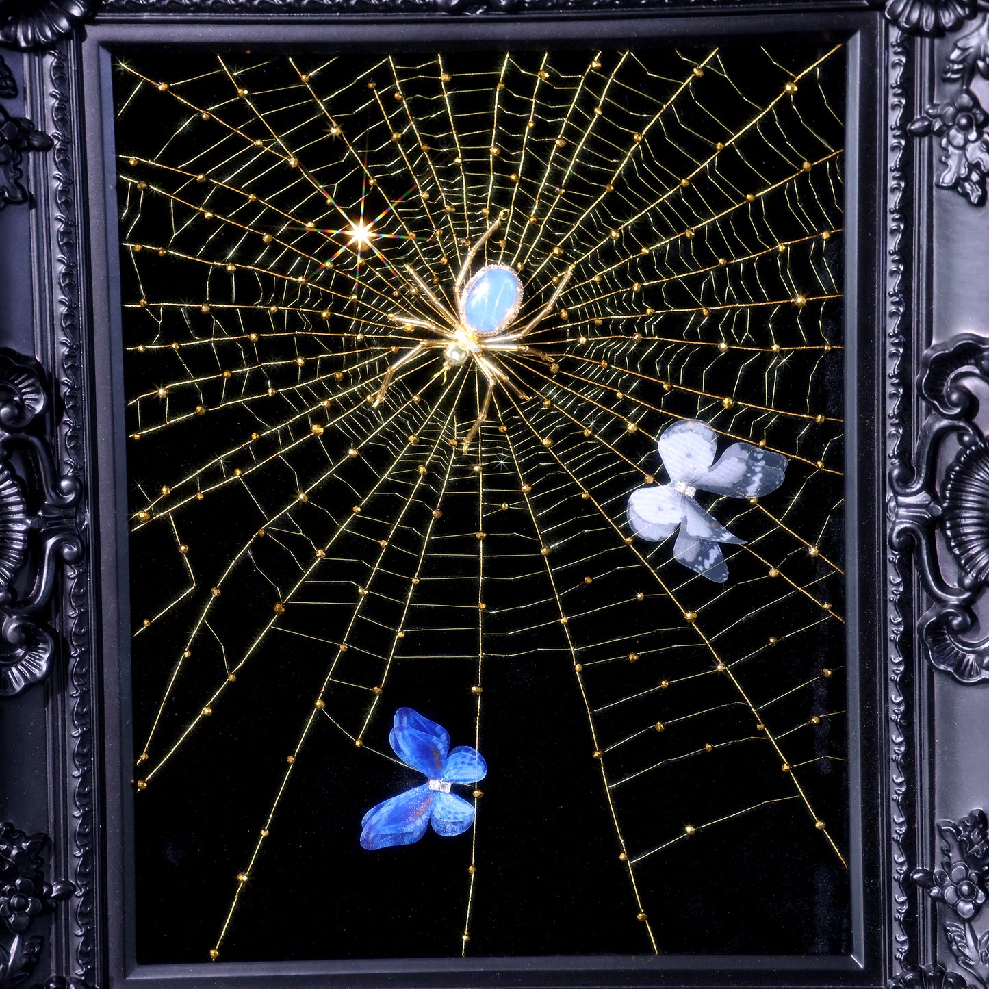10 Inches Opal Spider Web — Handmade Embroidered Spider Decorative Painting | Handmade Beaded Spider Embroidery, Opal Spider