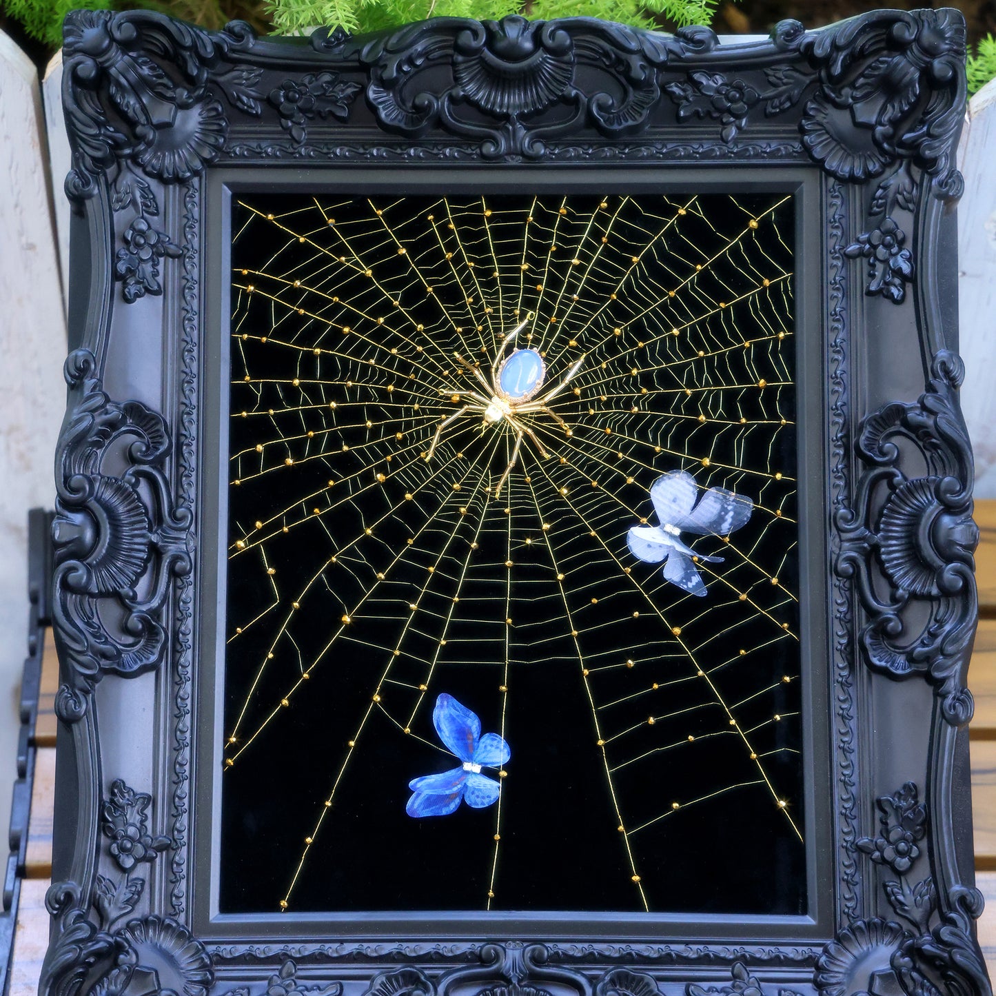 10 Inches Opal Spider Web — Handmade Embroidered Spider Decorative Painting | Handmade Beaded Spider Embroidery, Opal Spider